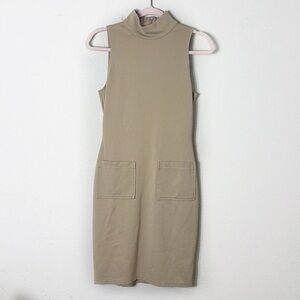Reformation Mock Neck Bodycon Dress Tan Knee Length Stretch Knit Sleeveless Sz S